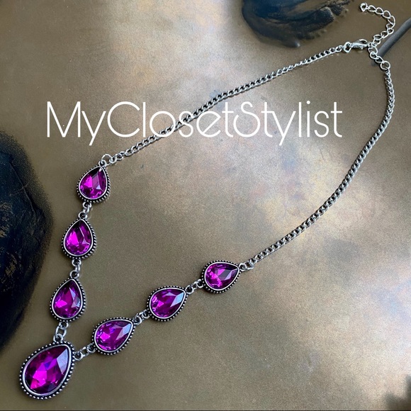 Anthropologie Purple Statement Silver Necklace New - Picture 4 of 4